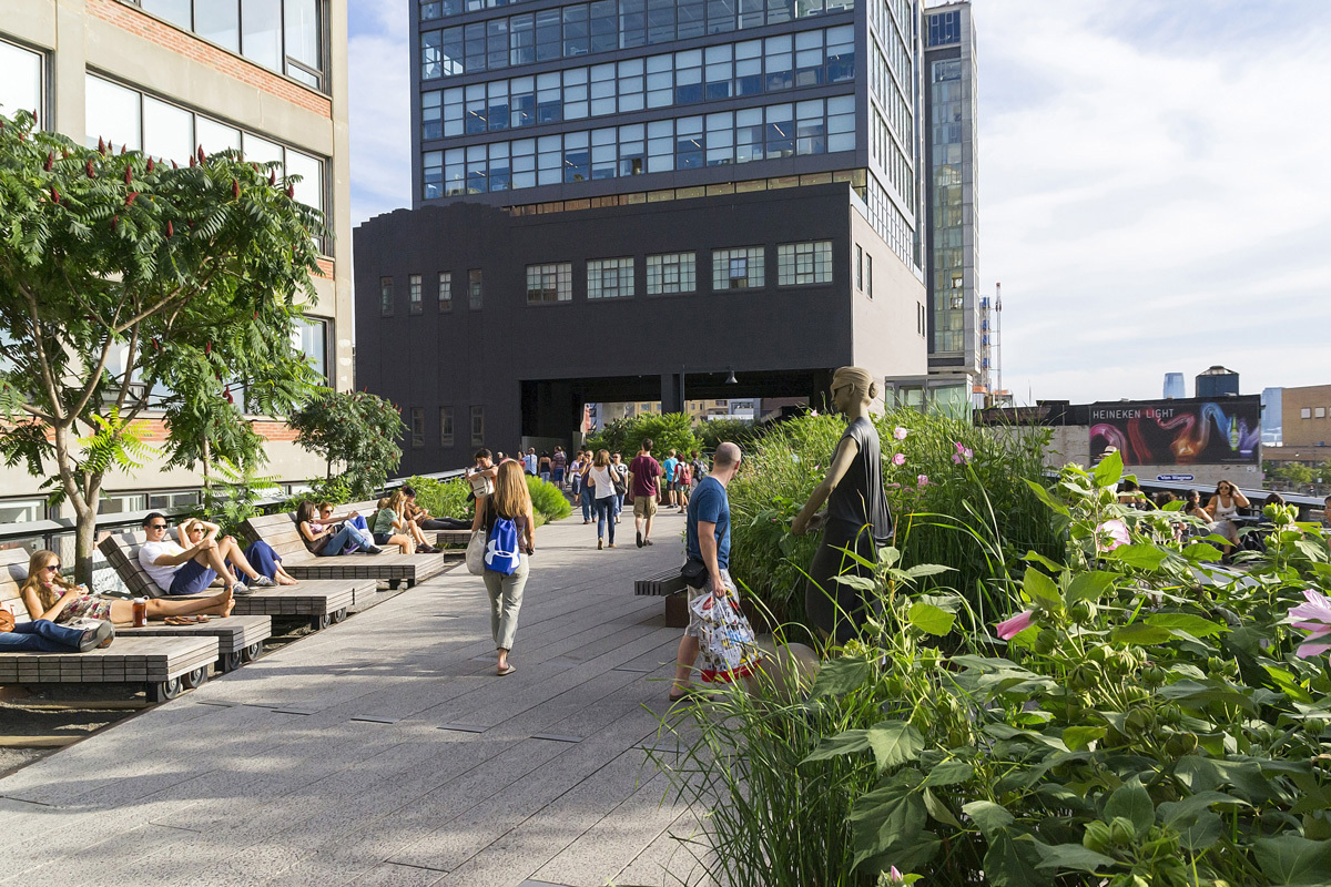 outdoor public space with walkway, plants and loungers