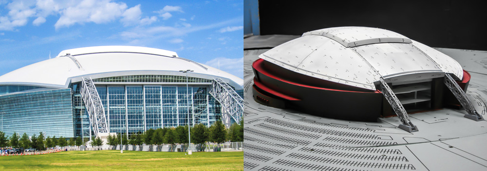 The Dallas Cowboys stadium (left) and a model built by RWDI.