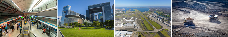 Sydney rail station, Hong Kong government building, Sydney Airport and coal mine