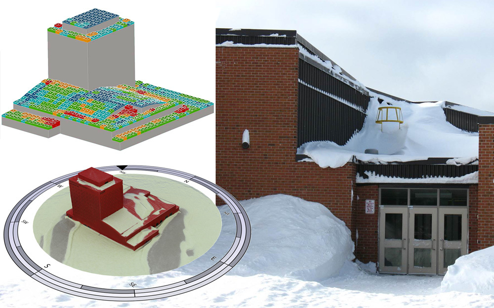 Snow loading analysis shows build up of snow on roof of building demonstrating why we need climate change provisions for resilient building design