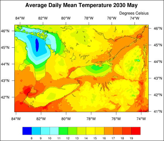 Heat map showing average daily mean temperature in Southern Ontario in May 2030 is used for climate modeling to better predict weather impacts on crops