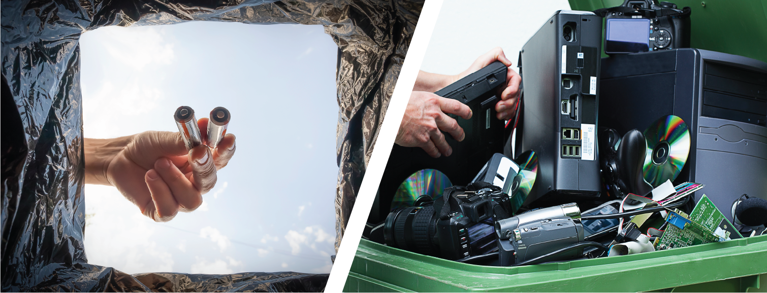 Batteries and computer hardware in rubbish bins.