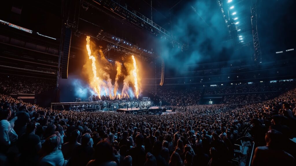 Large crowd at a concert in an arena with stage pyrotechnics, bright lights, and smoke. The audience is standing and watching the performance.