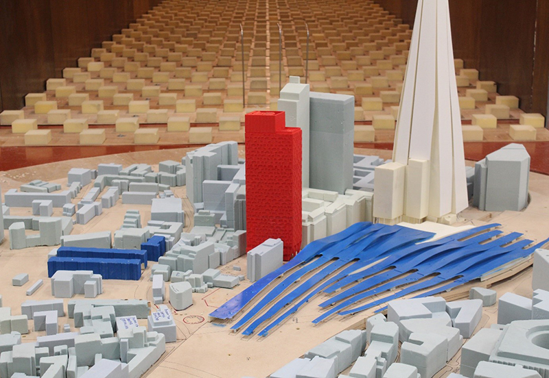 Scale model replica of a small area of city of London with London Bridge Station which is used for wind tunnel testing in a wind tunnel
