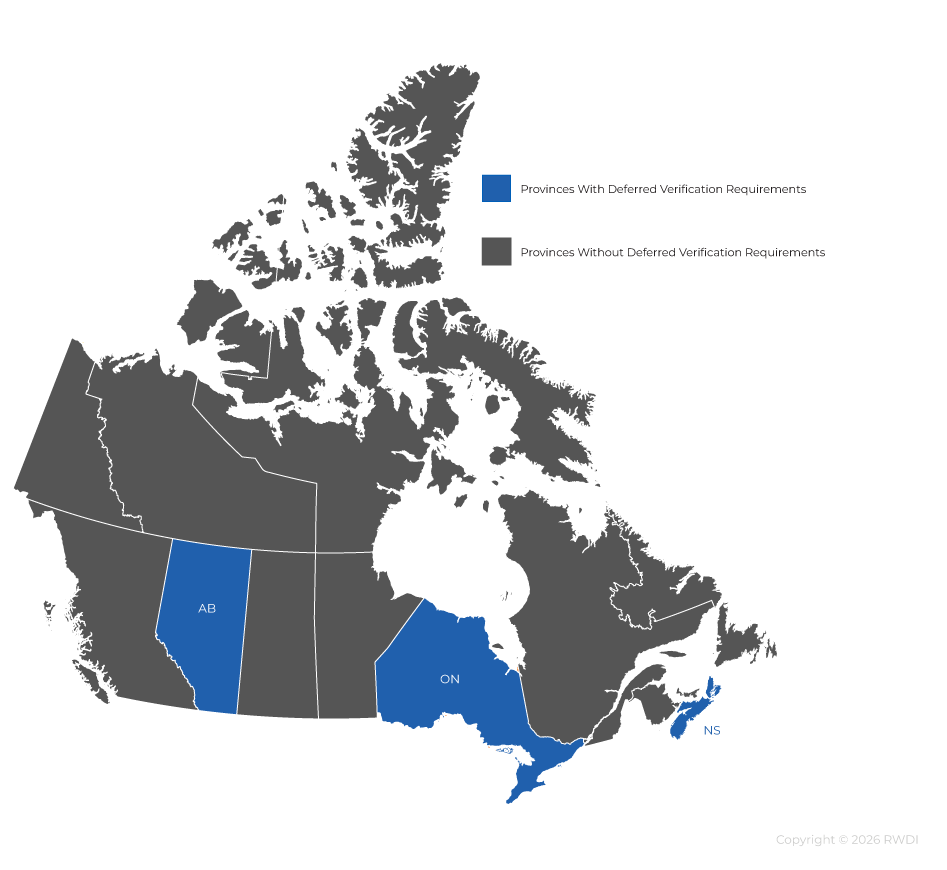 A map of Canada depicting which provinces have deferred verification programs for EPR compliance.