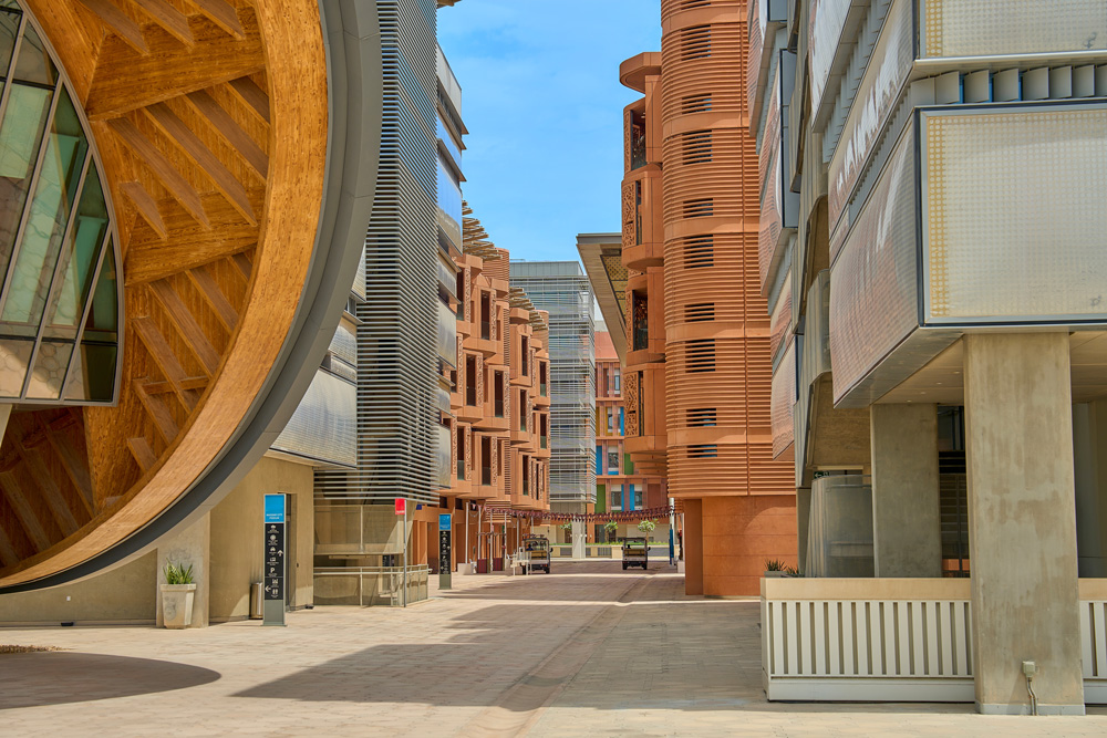 Buildings casting shows in hot climate